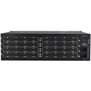 Avgear MMX1616 Modular Matrix is a black rack-mounted unit featuring multiple labeled slots, each equipped with connectors and indicator lights, along with two power input sections on the right side.