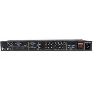Rear view of the Avgear SC-91-DM Amplifier HD Scaler Switcher showing multiple VGA, component, S-Video, composite, and audio input and output ports, with a power socket on the right side.