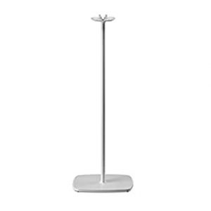 A Flexson Floor Stand For Sonos One – Single, featuring a tall, slim silver metal design with a flat square base and a small round holder at the top, is shown against a white background.