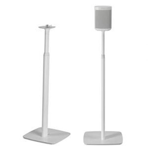 A pair of Flexson Floor Stands for Sonos One, in white with square bases, is displayed against a plain background—one stand is empty while the other holds a small white Sonos One speaker.