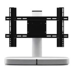 A Flexson Adjustable TV Stand for Sonos PLAYBASE in white features a black TV mounting bracket with a soundbar positioned at the base.