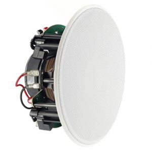 Pair of Cabasse Archipel 17 ICD round in-ceiling speakers featuring a white grille cover, with visible wiring and internal components exposed on the sides.