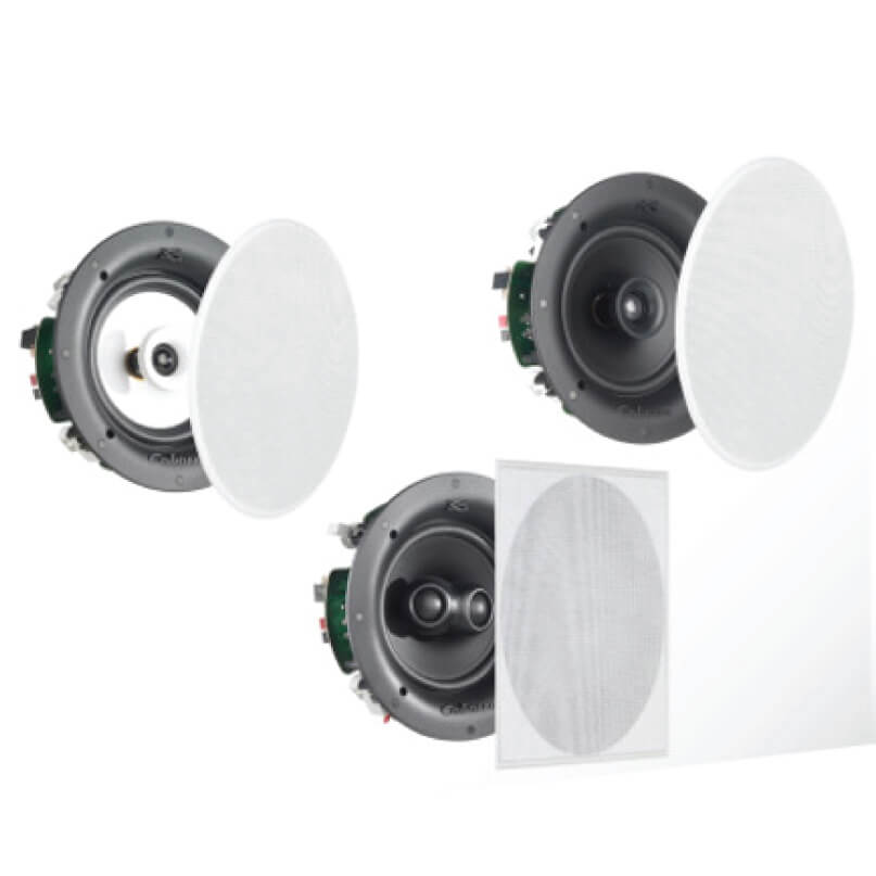 Cabasse Archipel 17 Icps (Single) Three circular in-wall speaker drivers with white grills and mounting hardware for ceiling or wall installation.