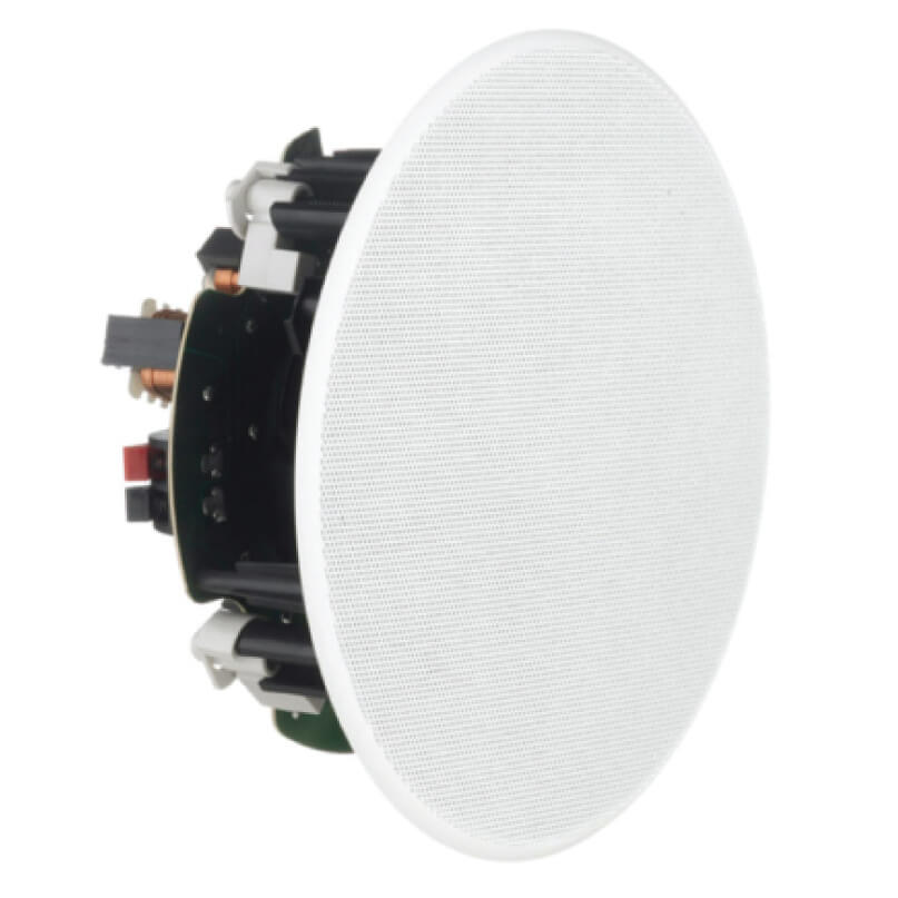 Cabasse Archipel 17 Icps (Single) Round white ceiling speaker with perforated grille and exposed back housing showing electronic components.