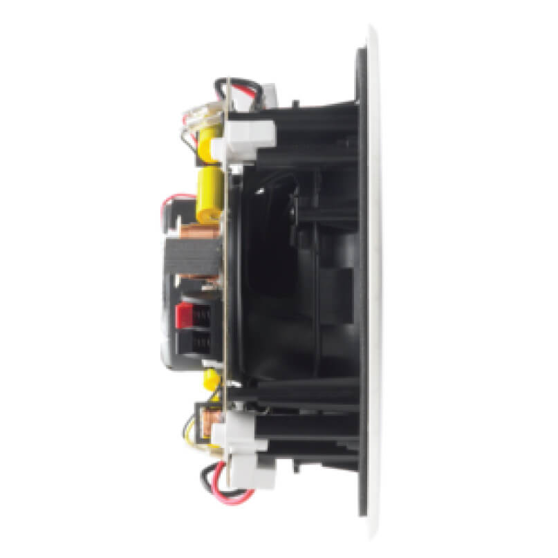 Cabasse Archipel 17 Icps (Single) Side view of a recessed electrical module with black plastic housing, metal frame, wiring, and yellow capacitors.