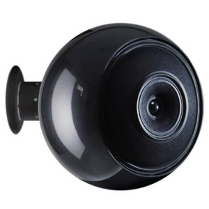 A black, spherical Cabasse Baltic 4 On Wall speaker with a circular grille facing forward.