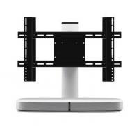 Flexson Adjustable TV Stand for Sonos PLAYBASE in black, mounted on a white stand with a flat base, shown from the front against a plain background.