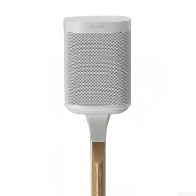 Flexson Adjustable Floor Stand For Sonos Play:1/One A sonos play:1/one speaker in white is displayed on a flexson adjustable floor stand, which features a wooden accent, set against a plain white background.
