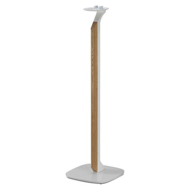 Flexson Adjustable Floor Stand For Sonos Play:1/One Standing coat rack with wooden post and white metal trim, featuring a small circular top shelf.