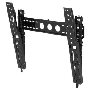 Fully adjustable black dual-arm TV wall mount with vertical rails and round VESA holes.