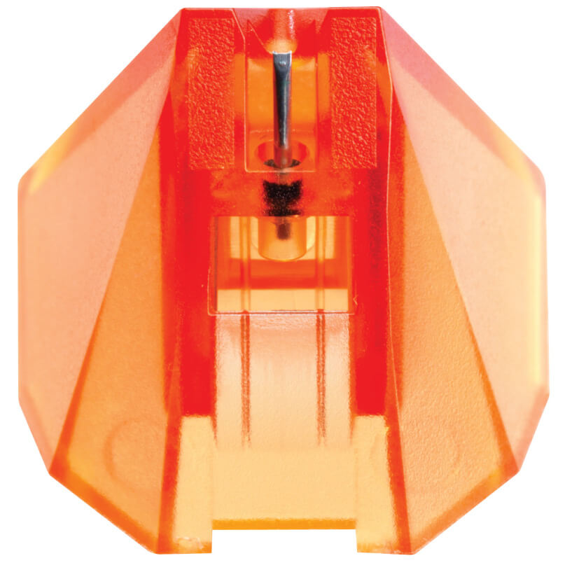 Ortofon Stylus 2M Bronze Replacement Stylus Orange translucent pencil sharpener with exposed blade and clear shavings reservoir.