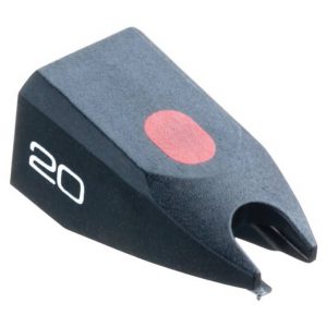 Interdyn Ortofon stylus 20 replacement stylus in black, featuring a red dot on top, the number 20 printed on the side, and a small needle at the tip.