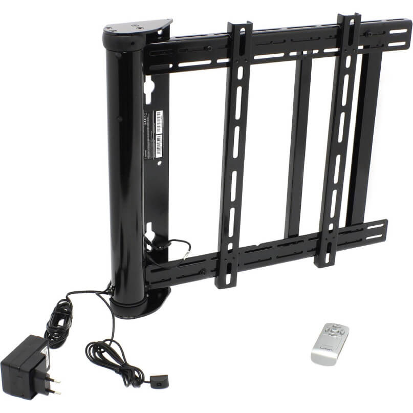 People of Lava Motion Swing Small Wall Mount, in black, is displayed on a white background with its included power adapter and remote control. The motorized mount features vertical and horizontal brackets.