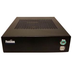Fusion Research OMS-1 Music Streamer in black, featuring a perforated top, two USB ports, and a power button on the front panel, photographed against a plain white background.