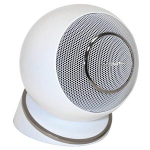A Cabasse Eole 4 Satellite Speaker (Single) in white, featuring a spherical design with a metallic mesh front and mounted on a matching angled base, displayed against a plain background.