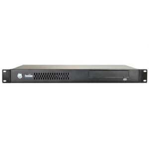 A black 1U rackmount Fusion Research OMS-3 Music Server featuring a Fusion logo, ventilation slots, power button, and a drive bay on the front panel.