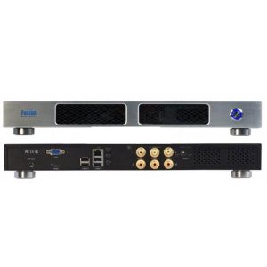 Front and rear views of the Fusion Research ELITE Music Server showing ventilation, power button, multiple ports, and audio/video connectors.
