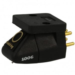 Black and gold Goldring 1006 Moving Magnet Cartridge featuring three gold pins visible on the right side, shown against a white background.
