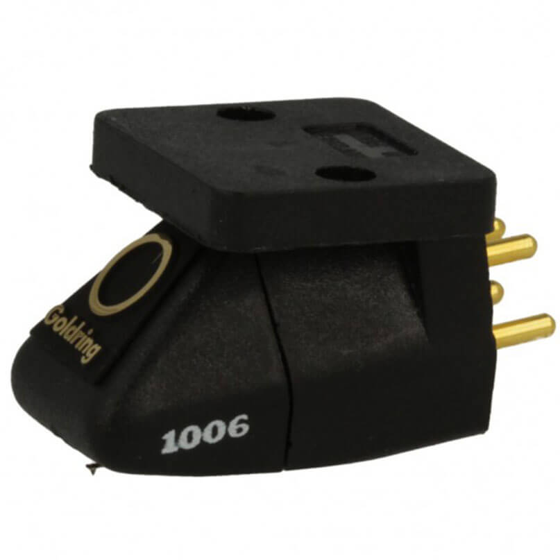 Goldring 1006 Moving Magnet Cartridge Black and gold goldring 1006 moving magnet cartridge featuring three gold pins visible on the right side, shown against a white background.