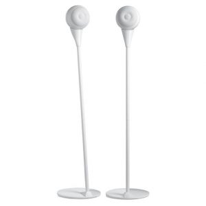 A pair of Cabasse Eole 2/3/4 Floor Stands in white, tall and slender with circular tops and round bases, positioned side by side against a plain white background.