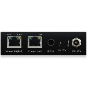 Rear panel of the Blustream ACM200 Multicast Advanced Control Module with Video LAN (PoE) port, Control LAN port, IR control port, IR power switch, and DC 12V power input.