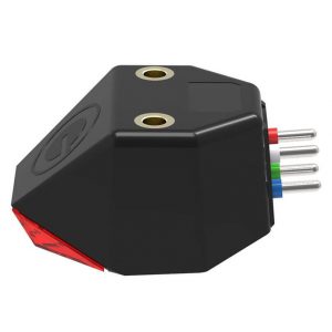 Goldring E1 MM Spherical Cartridge in black, featuring two gold mounting holes, colored wire terminals, and a red stylus guard, displayed against a white background.