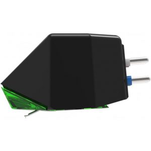 Side view of the Goldring E2 MM Spherical Cartridge in black and green, featuring two metal pins for connection, designed for use in turntables to play vinyl records.
