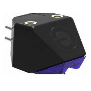 Goldring E3 MM Elliptical Cartridge—black, rectangular phono cartridge featuring two metal pins and a blue stylus cover, shown on a white background.