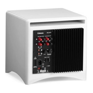 White Cabasse Santorin 21 M2 Subwoofer with a front panel featuring multiple input/output ports, control knobs, and a heat sink on the right side.