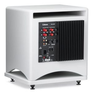A white Cabasse Santorin 25 M2 Subwoofer with a visible rear panel featuring multiple input/output ports, control switches, and a prominent black heat sink.