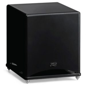 The Cabasse Santorin 30-200 Powered Subwoofer, featuring a black cube-shaped design with a glossy finish, metal feet, and a small logo on the lower front panel, is shown against a white background.