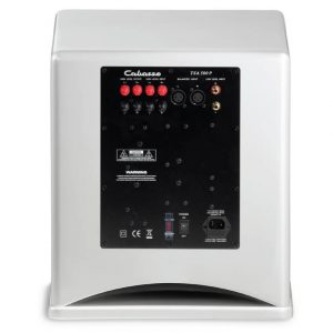 Back view of the Cabasse Santorin 30-500 white subwoofer, featuring a black panel with various audio input and output connectors, control labels, warning stickers, power switch, and power inlet.