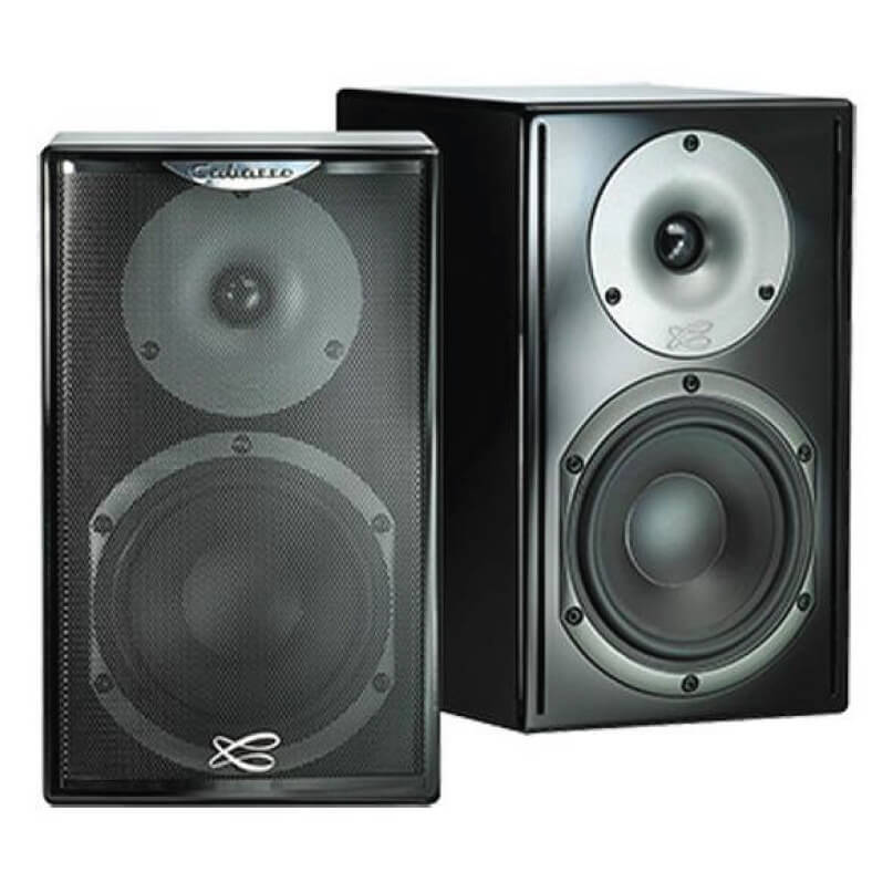 Cabasse Surf Bookshelf Speaker Two cabasse surf bookshelf speakers in black are shown—one facing forward with a protective mesh cover, and the other angled to display the exposed speaker drivers.