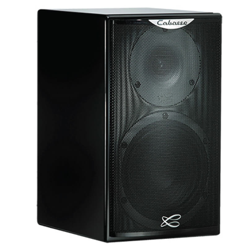 Cabasse Surf Bookshelf Speaker Cabasse floorstanding loudspeaker with two front-mounted drivers behind a perforated metal grille in a black cabinet.