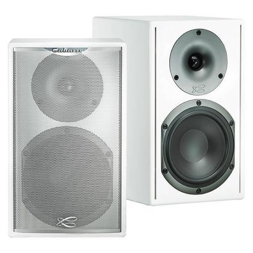 Cabasse Surf Bookshelf Speaker Pair of white bookshelf speakers, one with front grille and the other exposed, showing a woofer and a tweeter.