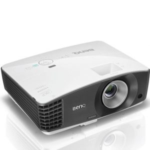 A front view of the BenQ MW705 High Brightness Low Noise Business Projector in white and gray, featuring a large lens and top-mounted control buttons.