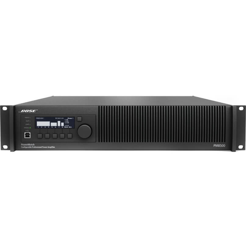 Bose Powermatch Pm8500N Professional Power Amplifier Front view of a bose powermatch pm8500n professional power amplifier featuring a display, control buttons, and a rack-mountable design.