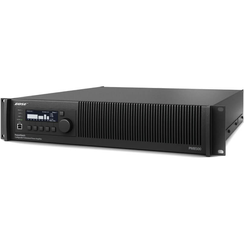 Bose Powermatch Pm8500N Professional Power Amplifier A bose powermatch pm8500n professional power amplifier featuring a digital display, control knobs, and a vented front panel, designed for rack mounting.