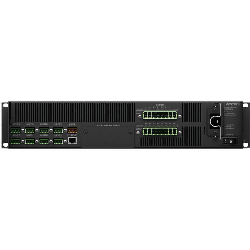 Bose Powermatch Pm8500N Professional Power Amplifier Bose powermatch rack-mount audio amplifier with green terminal blocks for inputs and outputs, and a digital expansion slot.