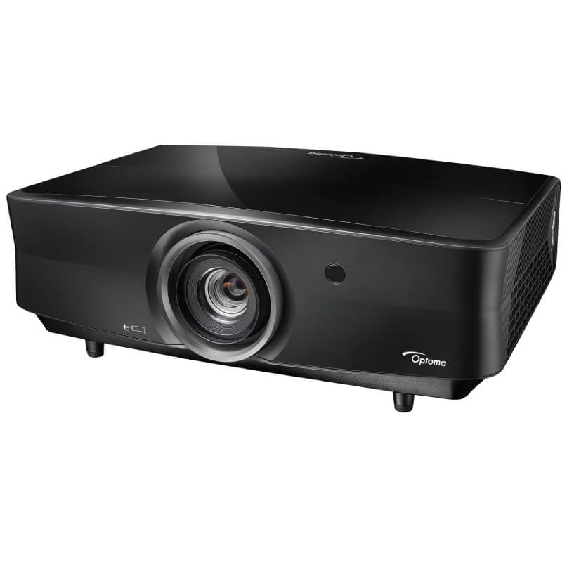 Optoma Op-Uhz65 Home Theatre Projector A black epson eh-tw5300 home theatre projector with a large central lens, four small feet, and visible branding on the front right corner.