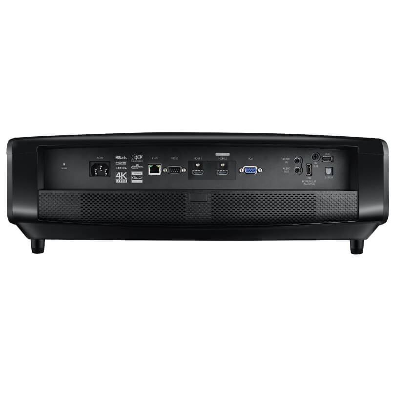 Optoma Op-Uhz65 Home Theatre Projector Black home theater projector back panel with hdmi, vga, usb ports and a perforated speaker grille.