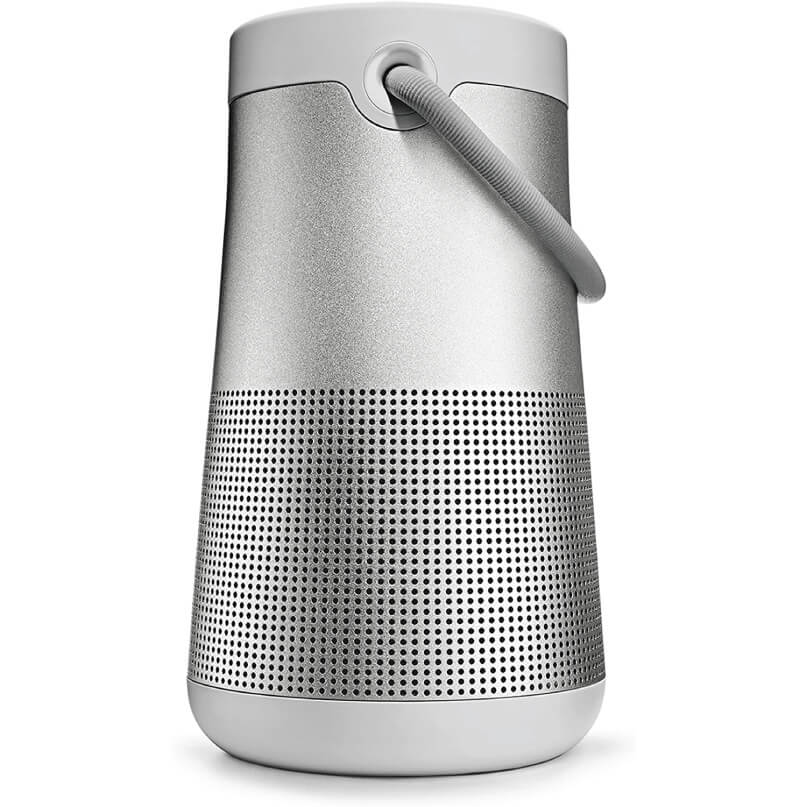 Bose Soundlink Revolve+ Bluetooth Speaker Portable bluetooth speaker with a metallic perforated grille, conical body, white top, and a carrying strap.