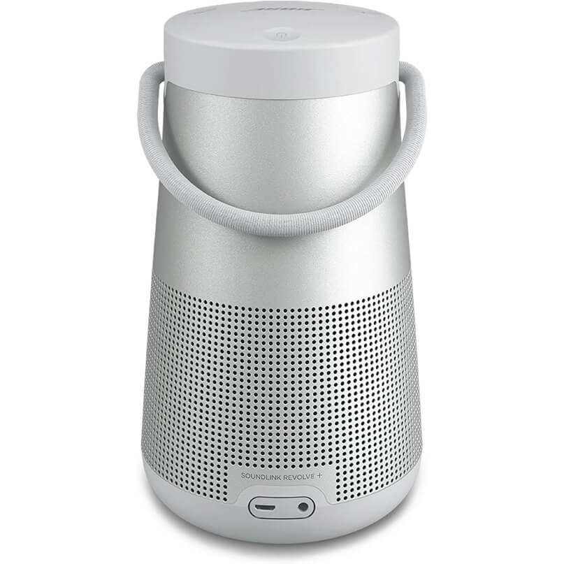 Bose Soundlink Revolve+ Bluetooth Speaker Bose soundlink revolve+ portable bluetooth speaker with silver body, perforated grille, and carrying handle