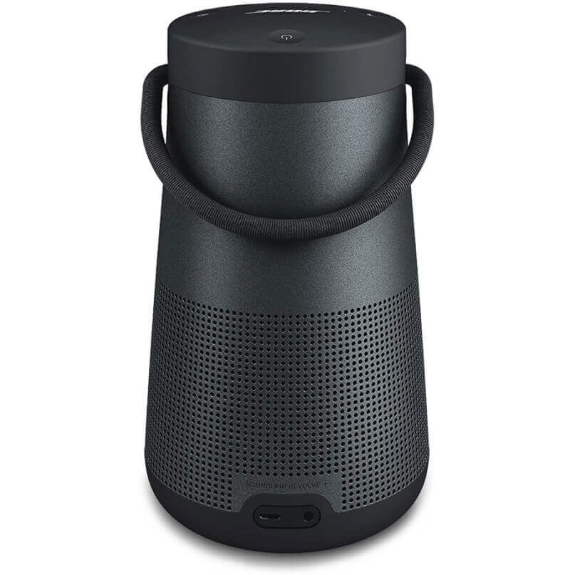 Bose Soundlink Revolve+ Bluetooth Speaker Portable bluetooth speaker with a side carry handle, cylindrical matte body, and perforated grille in dark gray.