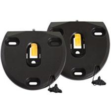 Pair of black circular mounting bases with yellow rectangular inserts and screw holes.