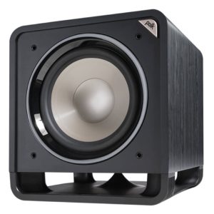 A Polk Audio HTS 12 subwoofer in black, featuring a metallic cone driver and a logo in the top corner, set against a white background.