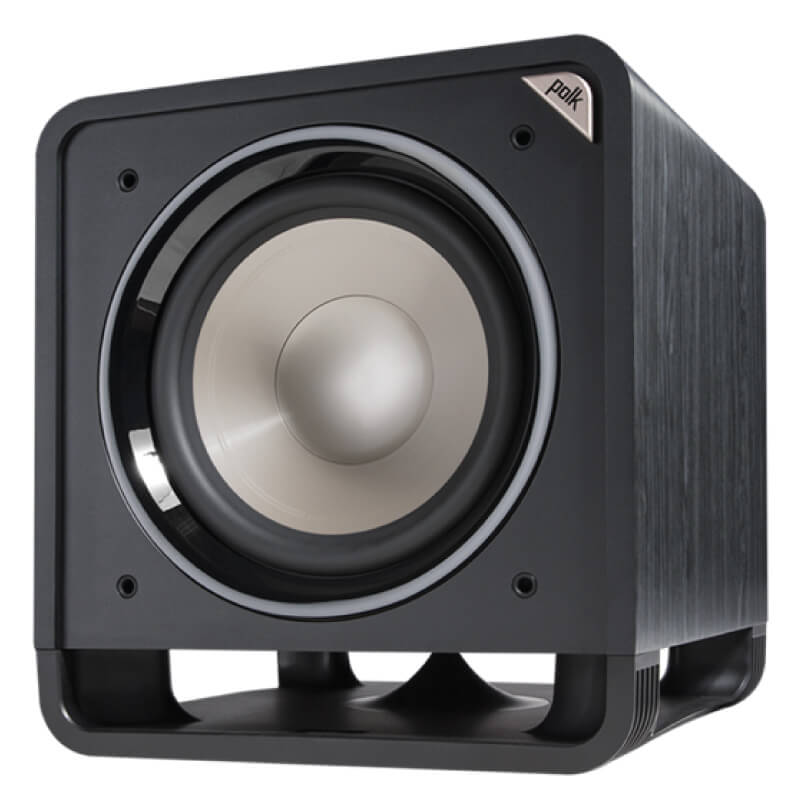 Polk Audio Hts 12 A polk audio hts 12 subwoofer in black, featuring a metallic cone driver and a logo in the top corner, set against a white background.