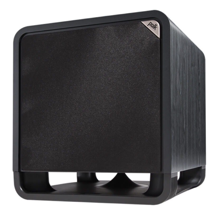 Polk Audio Hts 12 Polk audio subwoofer with black fabric front, dark cabinet, and curved base stand.
