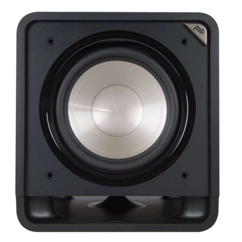 Polk Audio Hts 12 Polk audio front-firing subwoofer with silver woofer in black enclosure.