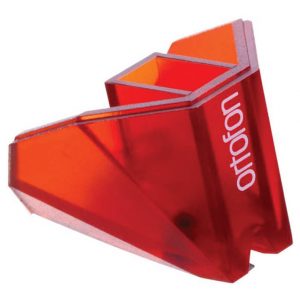 Interdyn Ortofon stylus 2m red replacement stylus with an angular design, shown from a side angle, featuring the ortofon brand name printed in white.